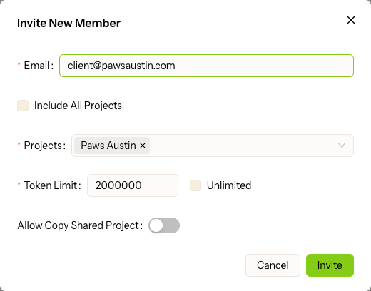 Invite the client — with a token cap