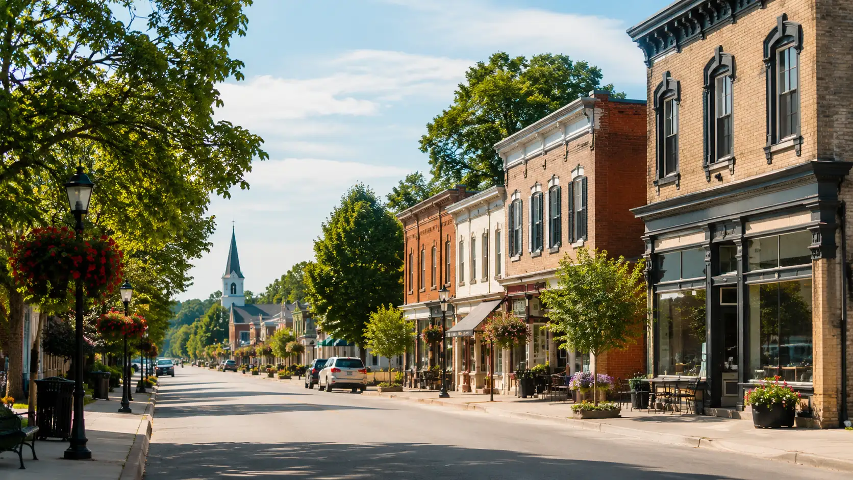 Historic main street in Neustadt, West Grey, lined with brick storefronts and a church steeple