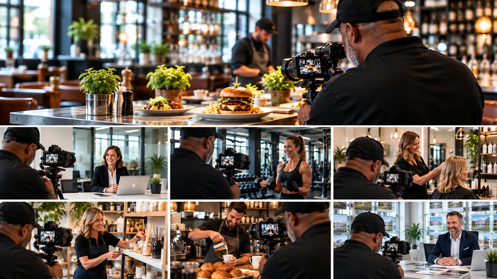 Collage of professional media shoots across hospitality, offices, fitness, salons and professional services