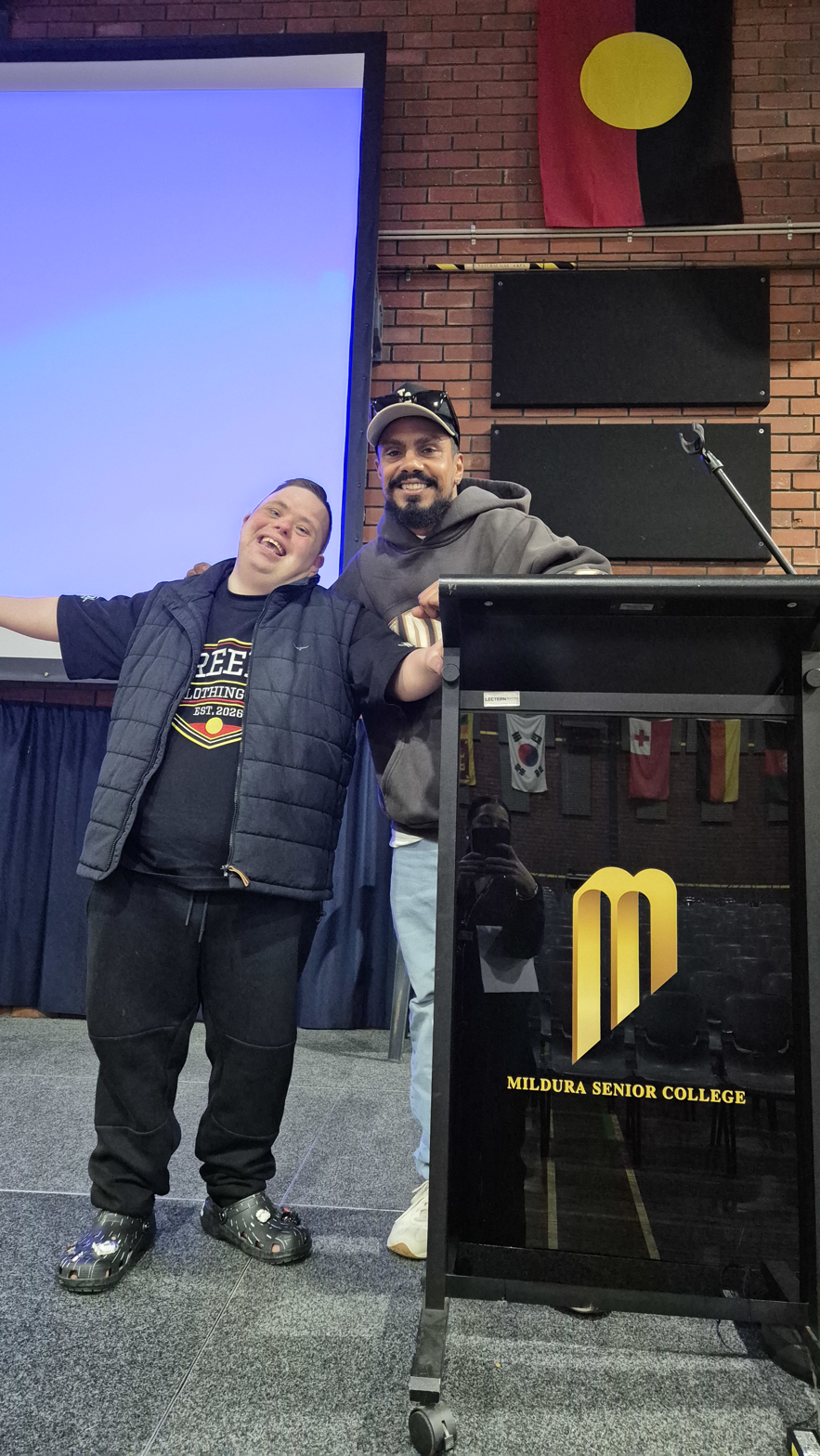 Kyran and Brotherboy Bill speaking to students at Mildura Senior College