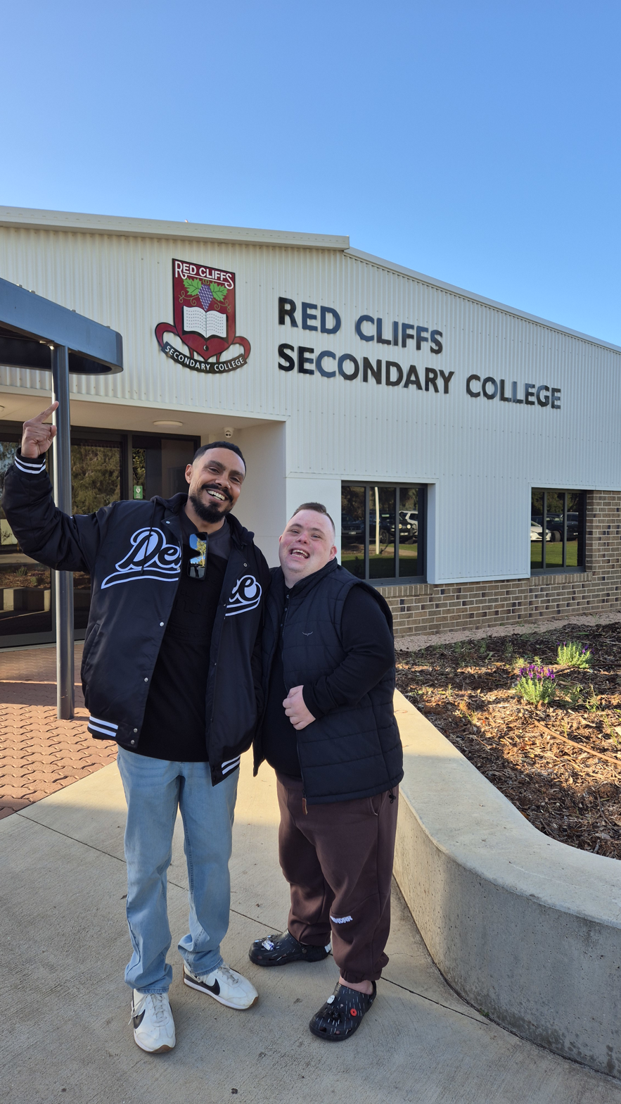 Kyran and Brotherboy Bill visiting Red Cliffs Secondary College